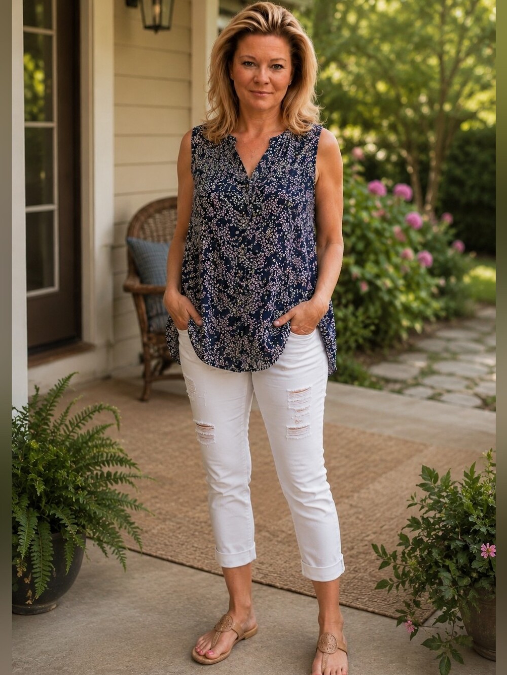 Woman Within Navy Floral V-Neck Sleeveless Camisole